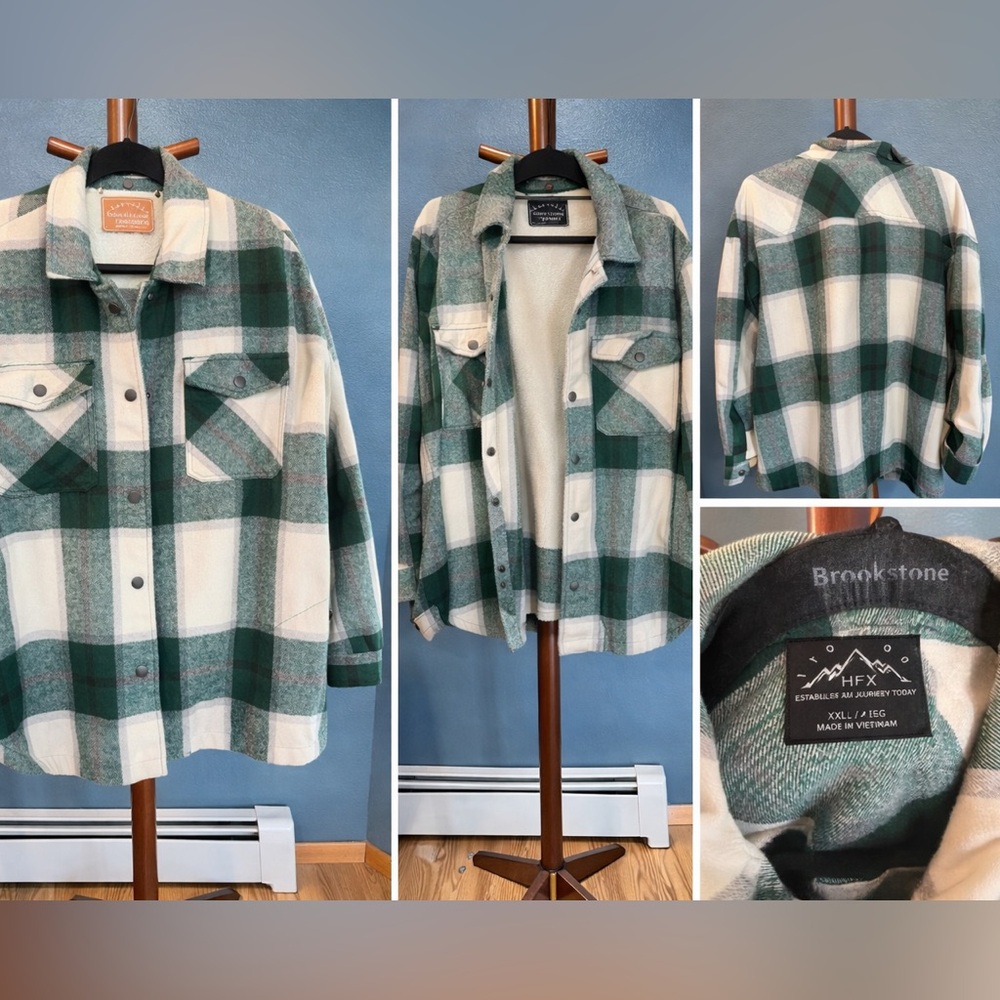 HFX Women’s XXL Plaid Flannel Shirt Jacket Green Cream Soft & Warm